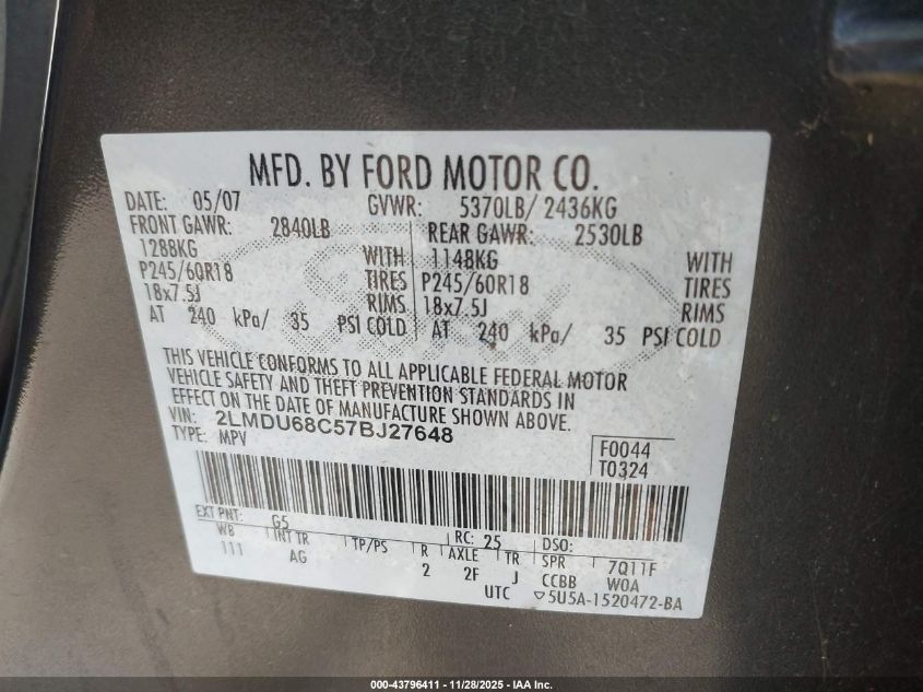 2007 Lincoln Mkx VIN: 2LMDU68C57BJ27648 Lot: 43796411