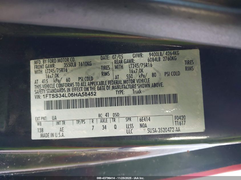 2006 Ford E-350 Super Duty Commercial/Recreational VIN: 1FTSS34L06HA58452 Lot: 43796414