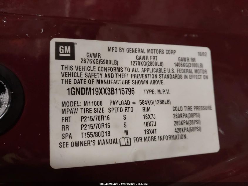 2003 Chevrolet Astro VIN: 1GNDM19XX3B115796 Lot: 43796420