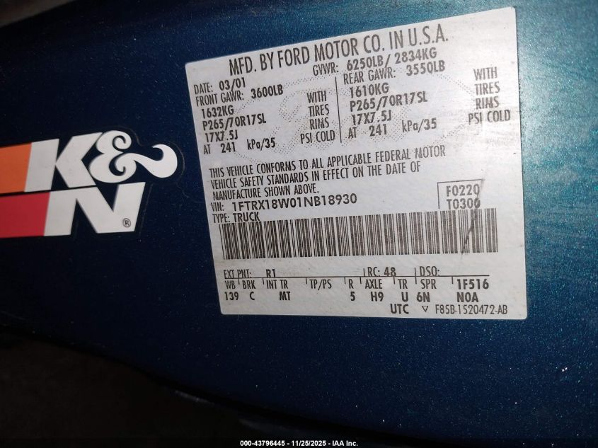 2001 Ford F-150 Lariat/Xl/Xlt VIN: 1FTRX18W01NB18930 Lot: 43796445