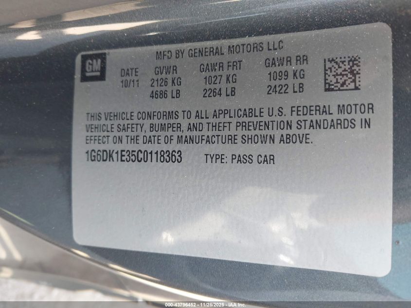 2012 Cadillac Cts Performance VIN: 1G6DK1E35C0118363 Lot: 43796452