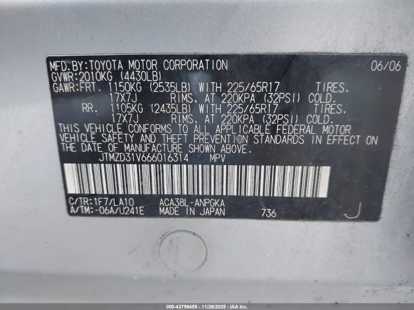 2006 Toyota Rav4 Limited VIN: JTMZD31V666016314 Lot: 43796459