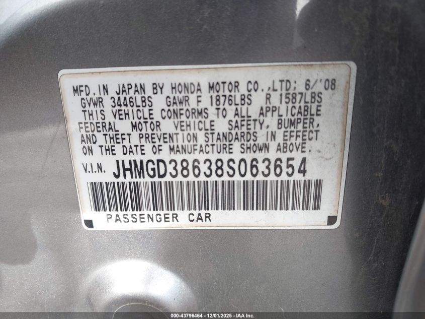 2008 Honda Fit Sport VIN: JHMGD38638S063654 Lot: 43796464