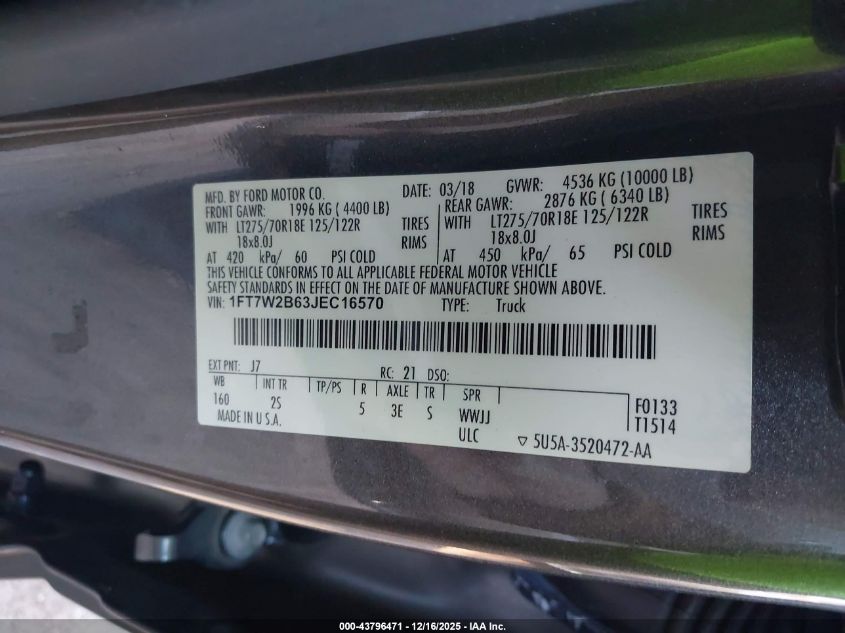 2018 Ford F-250 Xlt VIN: 1FT7W2B63JEC16570 Lot: 43796471