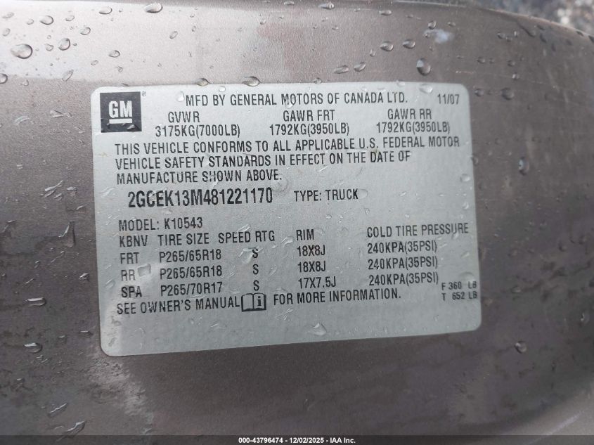 2008 Chevrolet Silverado 1500 Lt1 VIN: 2GCEK13M481221170 Lot: 43796474