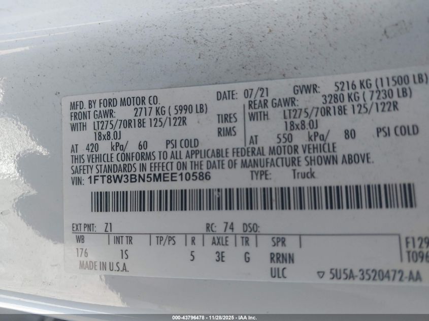 2021 Ford F-350 VIN: 1FT8W3BN5MEE10586 Lot: 43796478