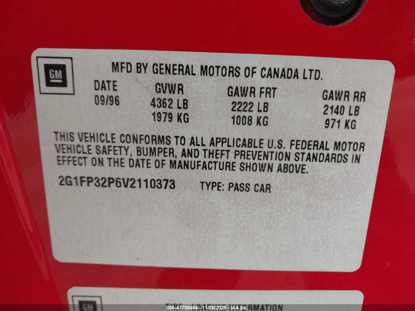 1997 Chevrolet Camaro Ss VIN: 2G1FP32P6V2110373 Lot: 43796484