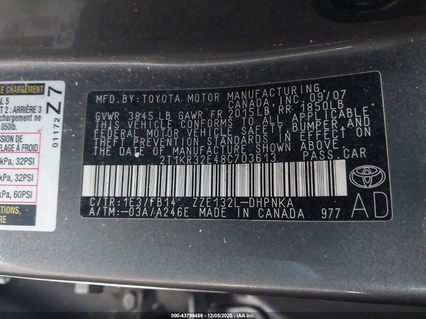 2008 Toyota Matrix Xr VIN: 2T1KR32E48C703613 Lot: 43796486