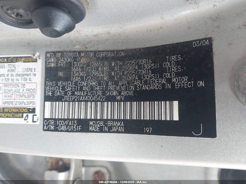 2004 Toyota Highlander V6 VIN: JTEEP21AX40045422 Lot: 43796494