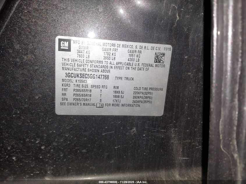 2016 Chevrolet Silverado 1500 1Lz VIN: 3GCUKSEC5GG147768 Lot: 43796500