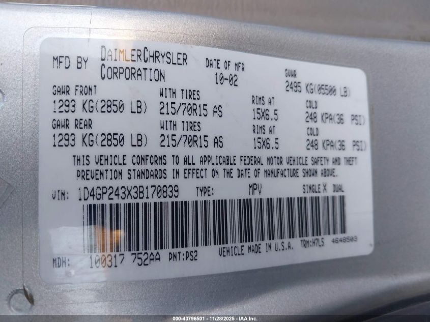 2003 Dodge Grand Caravan Se VIN: 1D4GP243X3B170839 Lot: 43796501