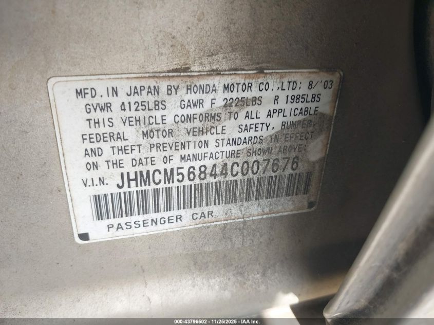 2004 Honda Accord 2.4 Ex VIN: JHMCM56844C007676 Lot: 43796502