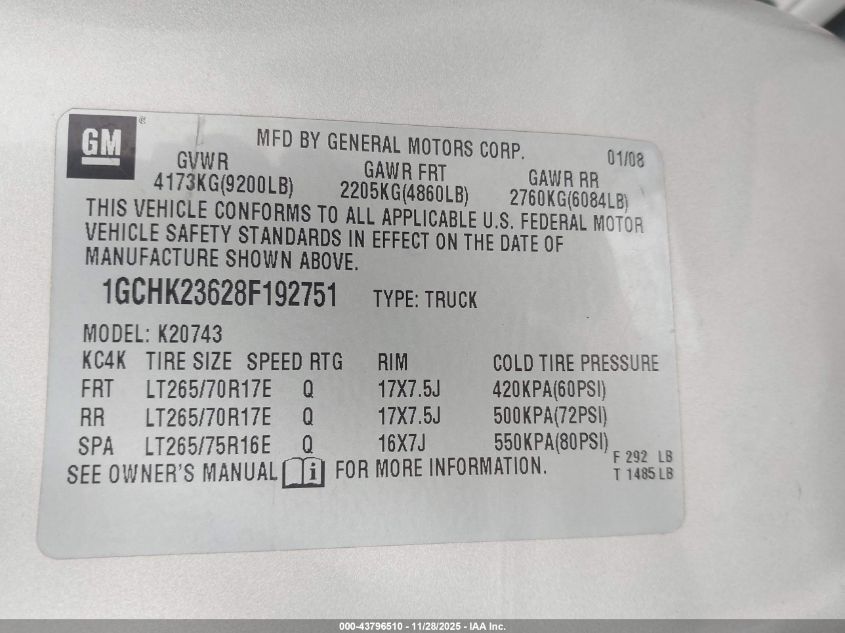 2008 Chevrolet Silverado 2500Hd Ltz VIN: 1GCHK23628F192751 Lot: 43796510