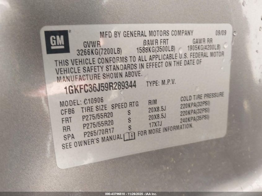 2009 GMC Yukon Xl 1500 Slt2 VIN: 1GKFC36J59R289344 Lot: 43796518
