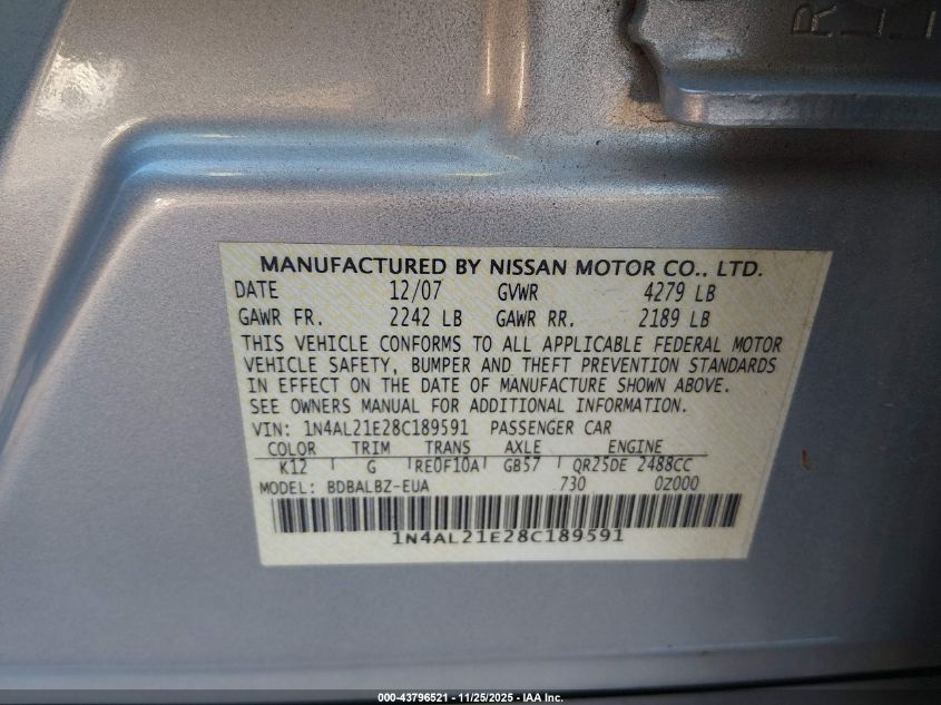 2008 Nissan Altima 2.5 S VIN: 1N4AL21E28C189591 Lot: 43796521