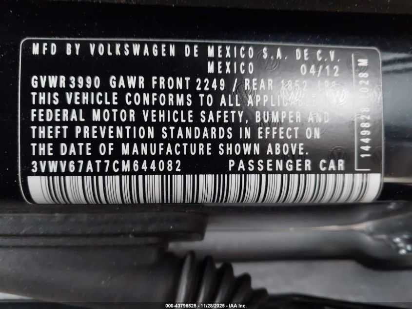 2012 Volkswagen Beetle 2.0T VIN: 3VWV67AT7CM644082 Lot: 43796525