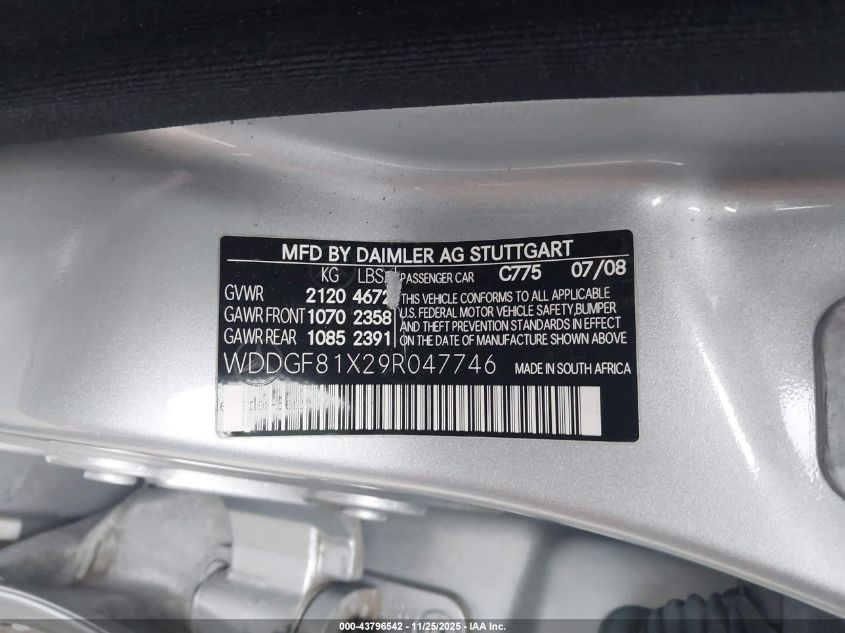 2009 Mercedes-Benz C 300 Luxury 4Matic/Sport 4Matic VIN: WDDGF81X29R047746 Lot: 43796542