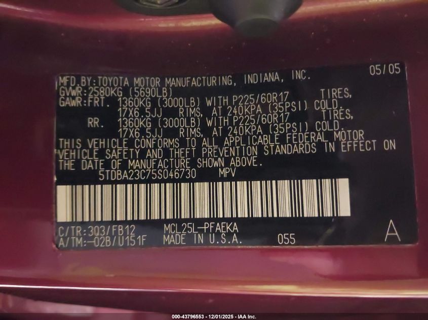 2005 Toyota Sienna Le VIN: 5TDBA23C75S046730 Lot: 43796553