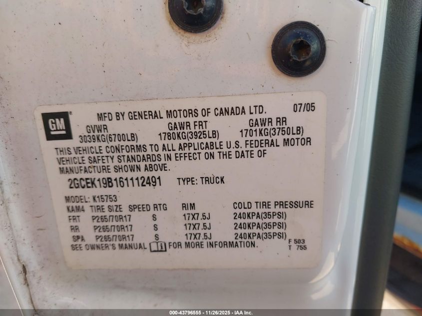 2006 Chevrolet Silverado 1500 Lt1 VIN: 2GCEK19B161112491 Lot: 43796555