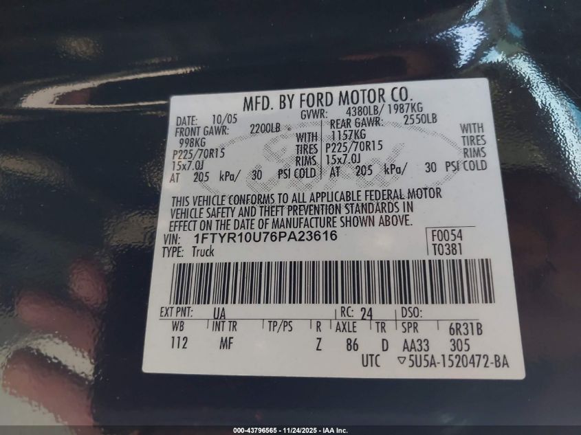 2006 Ford Ranger Sport/Stx/Xl/Xlt VIN: 1FTYR10U76PA23616 Lot: 43796565