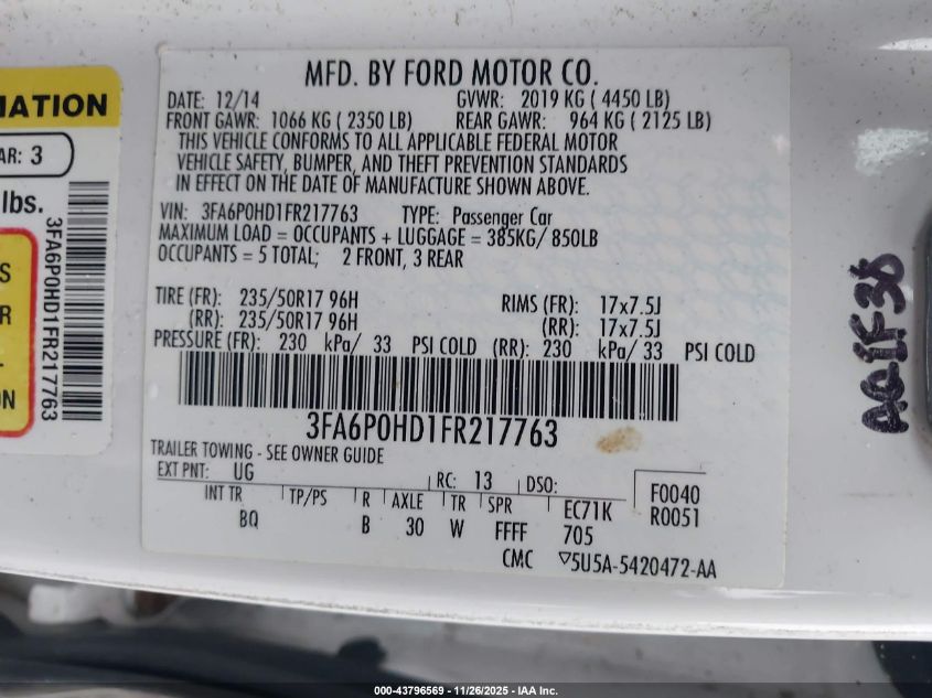 2015 Ford Fusion Se VIN: 3FA6P0HD1FR217763 Lot: 43796569