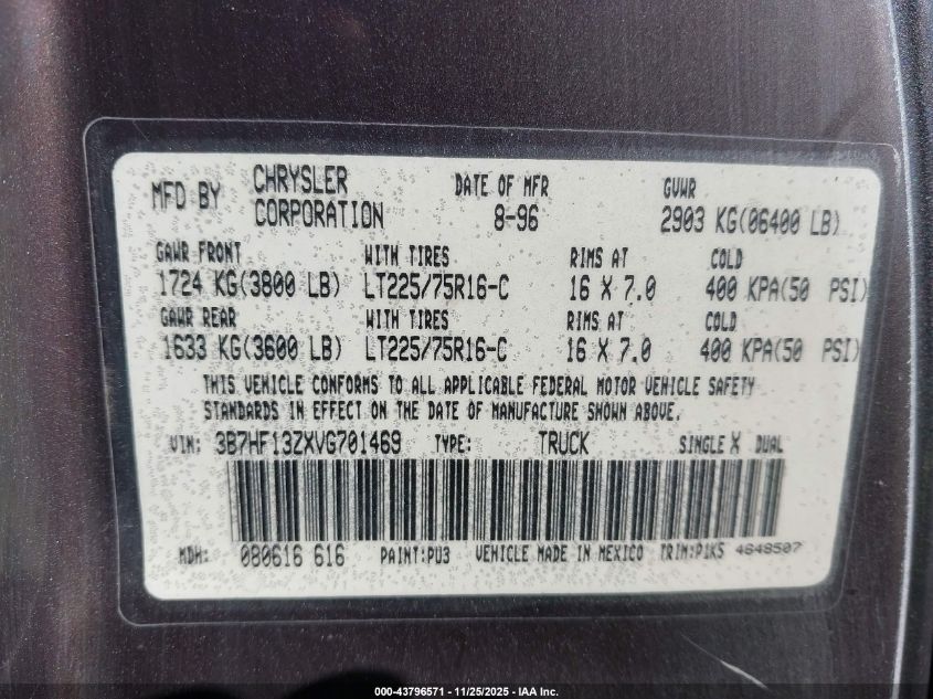 1997 Dodge Ram 1500 St VIN: 3B7HF13ZXVG701469 Lot: 43796571