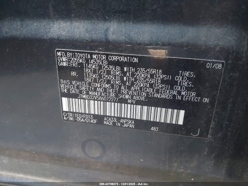 2008 Toyota Rav4 Sport VIN: JTMBD32V586072277 Lot: 43796575