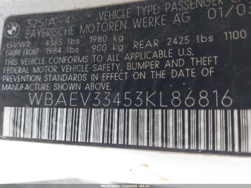 2003 BMW 325I VIN: WBAEV33453KL86816 Lot: 43796585