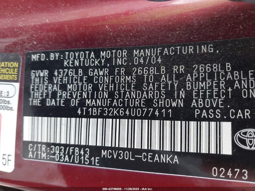 2004 Toyota Camry Le V6 VIN: 4T1BF32K64U077411 Lot: 43796588