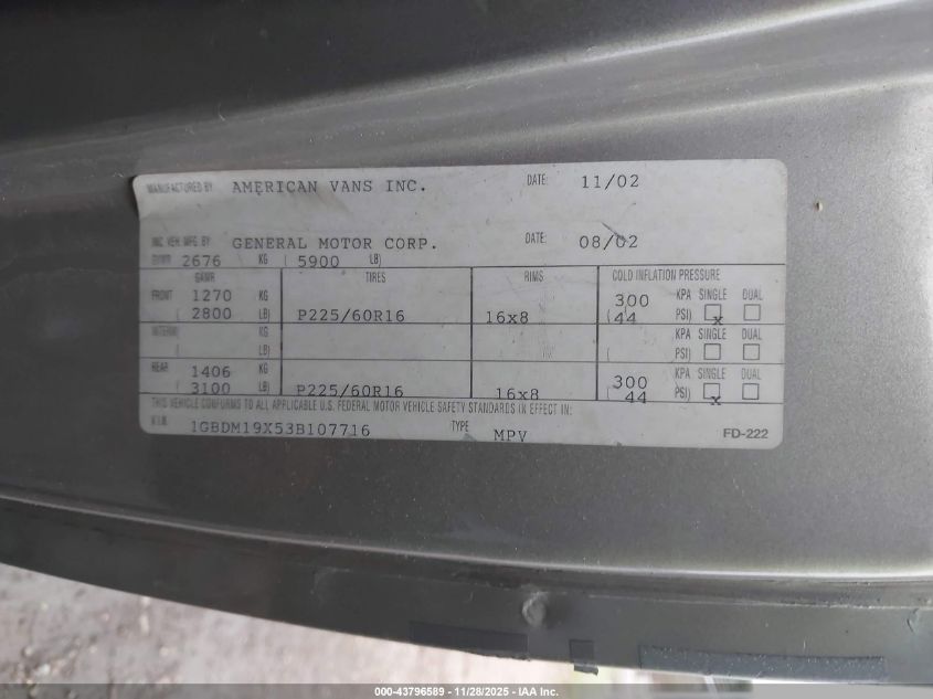 2003 Chevrolet Astro Upfitter VIN: 1GBDM19X53B107716 Lot: 43796589