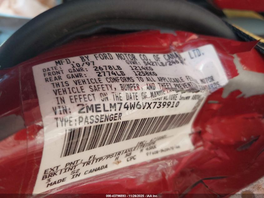 1997 Mercury Grand Marquis Gs VIN: 2MELM74W6VX739910 Lot: 43796593