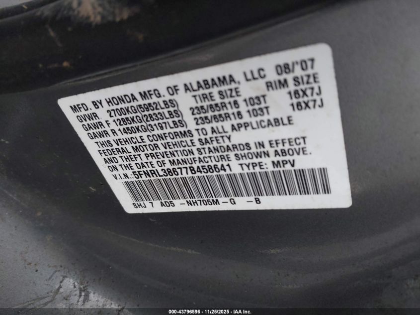 2007 Honda Odyssey Ex-L VIN: 5FNRL38677B458641 Lot: 43796596