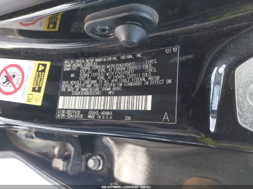 2011 Toyota Highlander Base V6 VIN: 5TDZK3EH0BS032982 Lot: 43796605