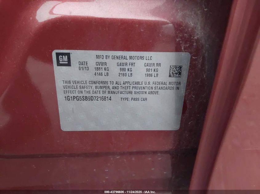 2013 Chevrolet Cruze Ltz VIN: 1G1PG5SB9D7216814 Lot: 43796606