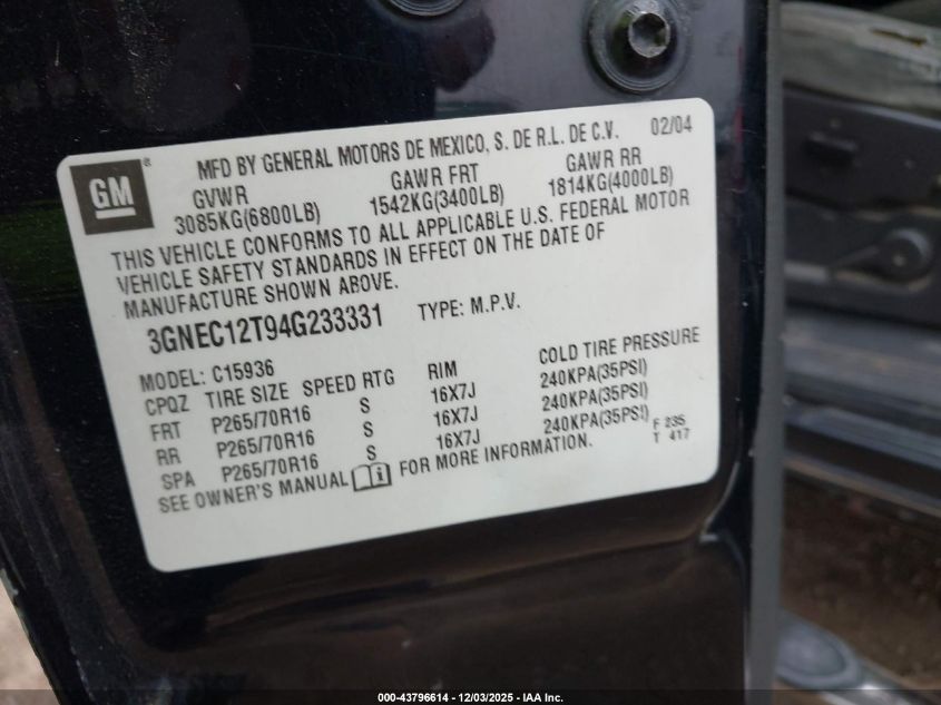 2004 Chevrolet Avalanche 1500 VIN: 3GNEC12T94G233331 Lot: 43796614