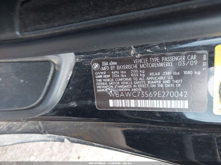 2009 BMW 335I xDrive VIN: WBAWC73569E270042 Lot: 43796625