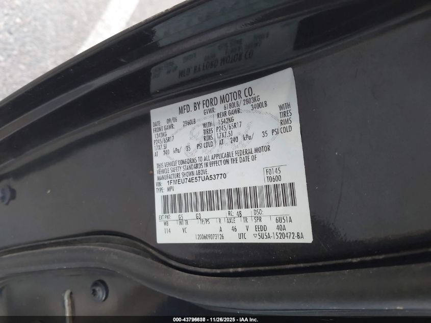 2007 Ford Explorer Eddie Bauer VIN: 1FMEU74E57UA53770 Lot: 43796630