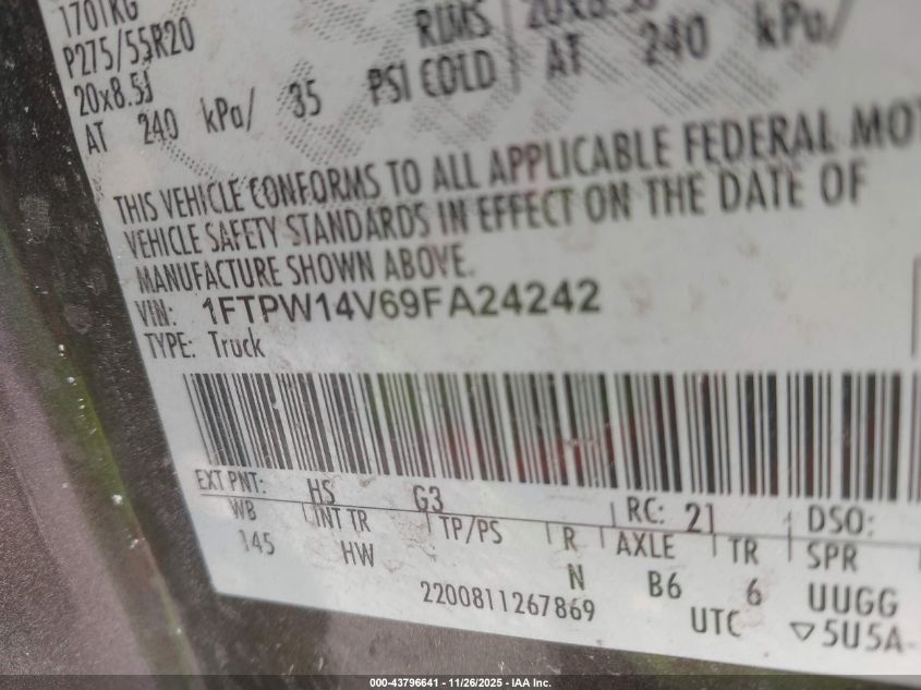 2009 Ford F-150 Fx4/King Ranch/Lariat/Platinum/Xl/Xlt VIN: 1FTPW14V69FA24242 Lot: 43796641