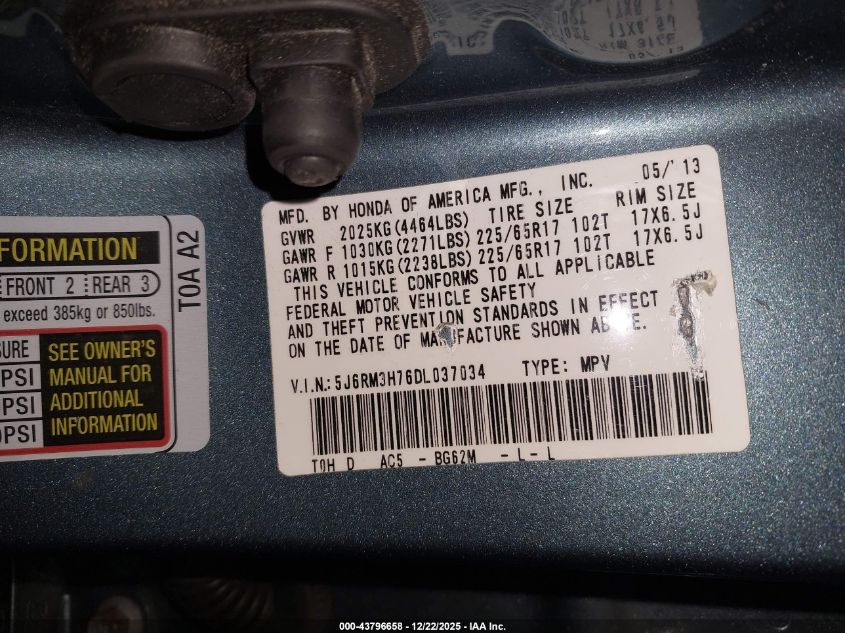 2013 Honda Cr-V Ex-L VIN: 5J6RM3H76DL037034 Lot: 43796658