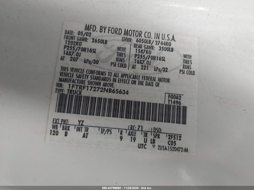 2002 Ford F-150 Xl/Xlt VIN: 1FTRF17272NB65634 Lot: 43796660