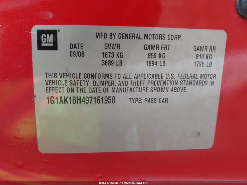 2009 Chevrolet Cobalt VIN: I1G1AK18H49716195 Lot: 43796668