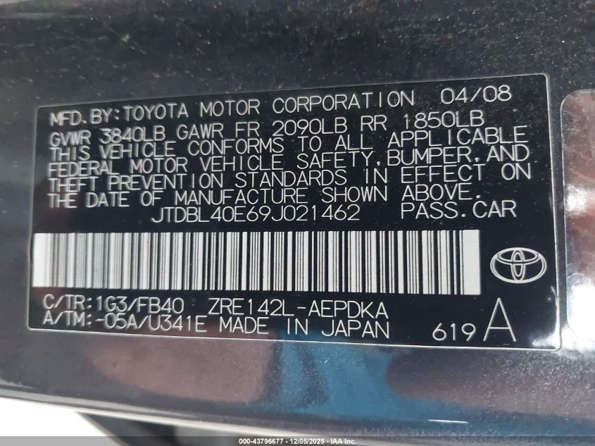 2009 Toyota Corolla Le VIN: JTDBL40E69J021462 Lot: 43796677