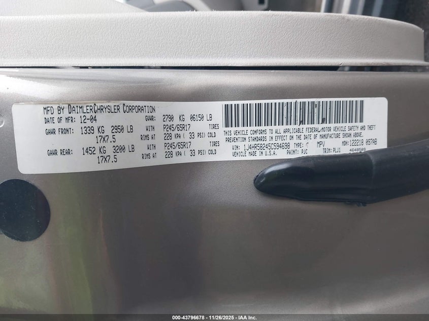 2005 Jeep Grand Cherokee Limited VIN: 1J4HR58245C594698 Lot: 43796678