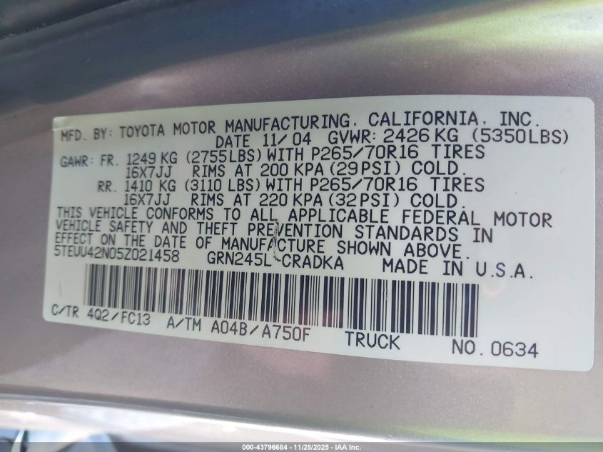 2005 Toyota Tacoma Base V6 VIN: 5TEUU42N05Z021458 Lot: 43796684