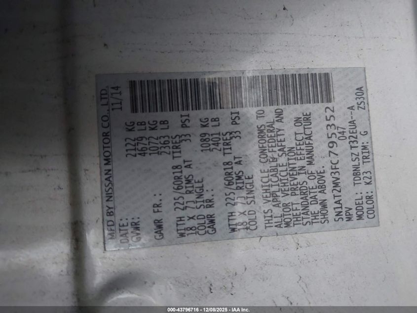 2015 Nissan Rogue Sl VIN: 5N1AT2MV3FC795352 Lot: 43796716