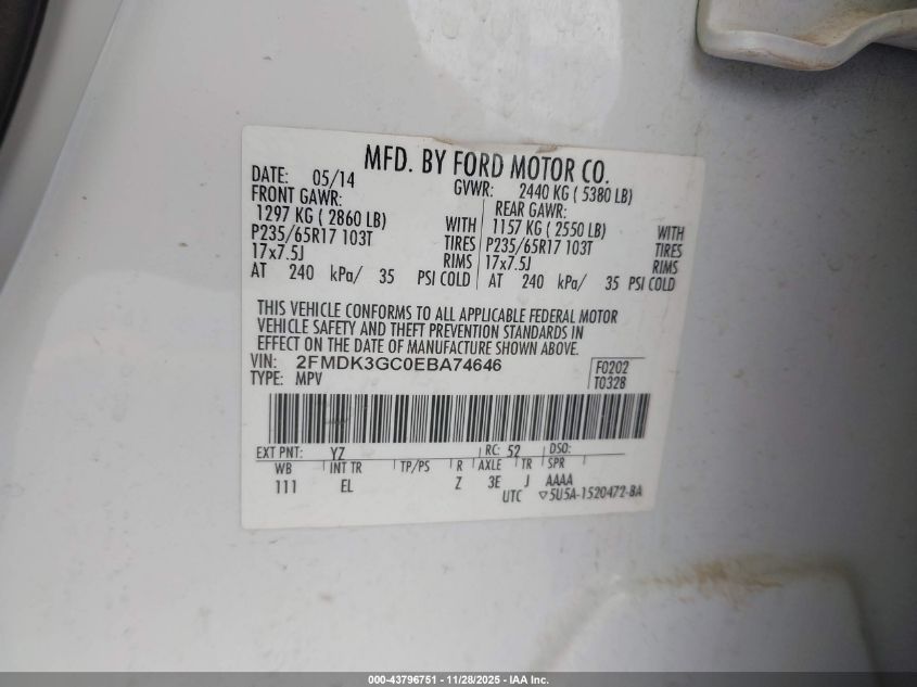 2014 Ford Edge Se VIN: 2FMDK3GC0EBA74646 Lot: 43796751