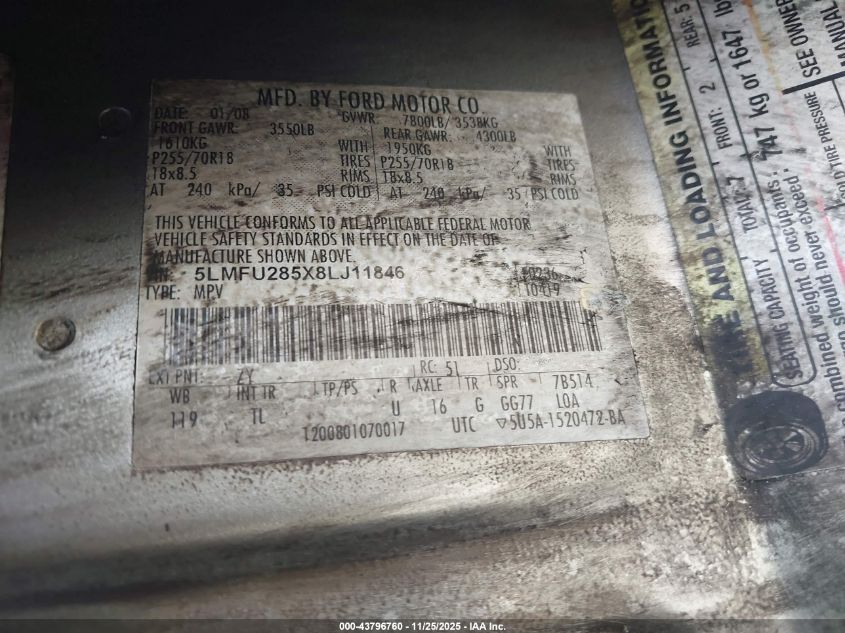 2008 Lincoln Navigator VIN: 5LMFU285X8LJ11846 Lot: 43796760