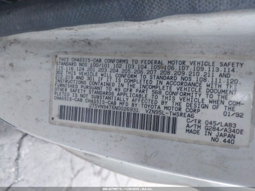 1992 Toyota Pickup Cab Chassis Super Long Wb VIN: JT5VN94T6N0026931 Lot: 43796770