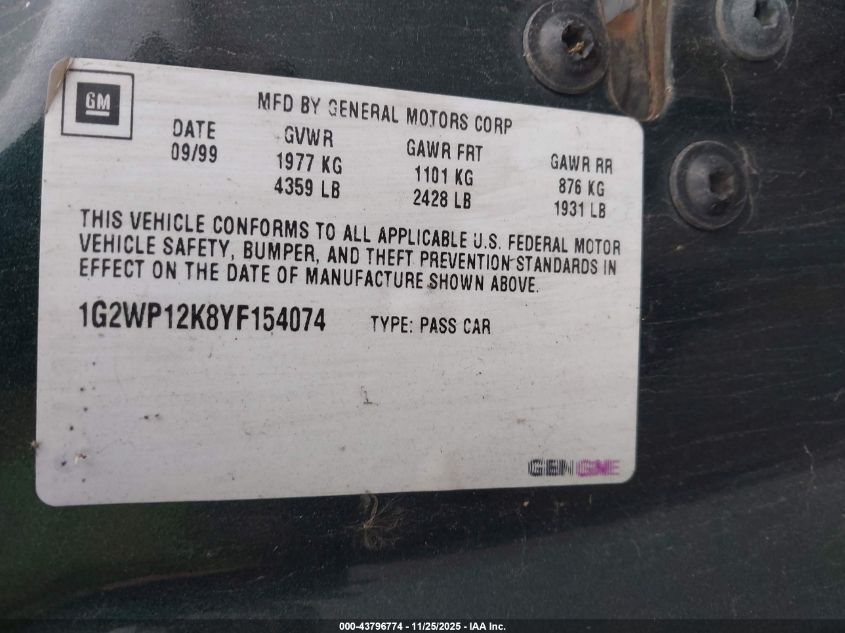 2000 Pontiac Grand Prix Gt VIN: 1G2WP12K8YF154074 Lot: 43796774