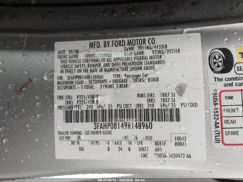 2009 Ford Fusion Sel VIN: 3FAHP08149R148960 Lot: 43796779